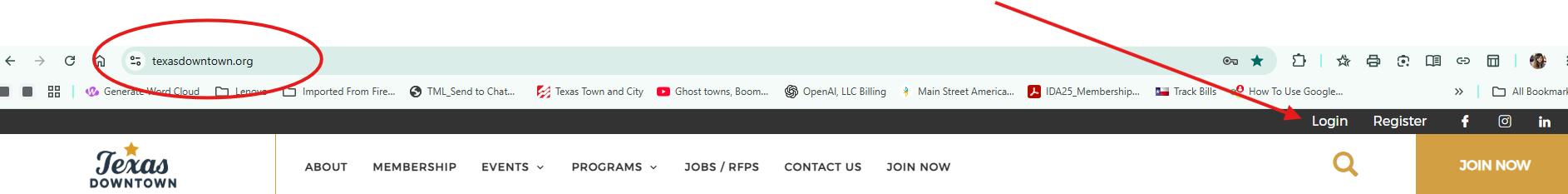 Login to the Texas Downtown Webpage